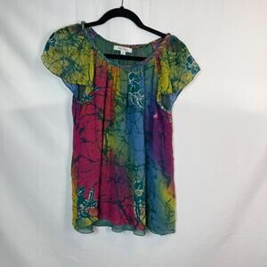 Blue Velvet  Women's Small 100% Silk Blouse Multicolor‎ Batik Print Tie Dye